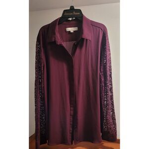 NEW Loft Crepe Dressy Career Blouse with Lace Sleeves Women's Large Burgundy‎